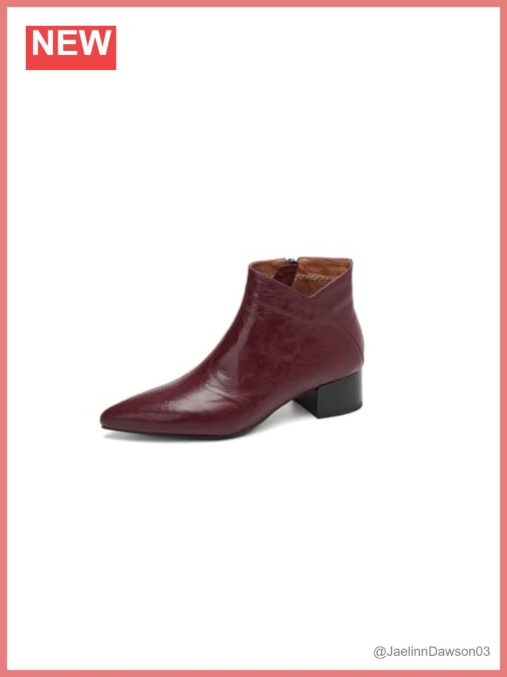 Genuine Leather Pointed Toe Ankle Boots Handmade Side Zip Chunky Heel